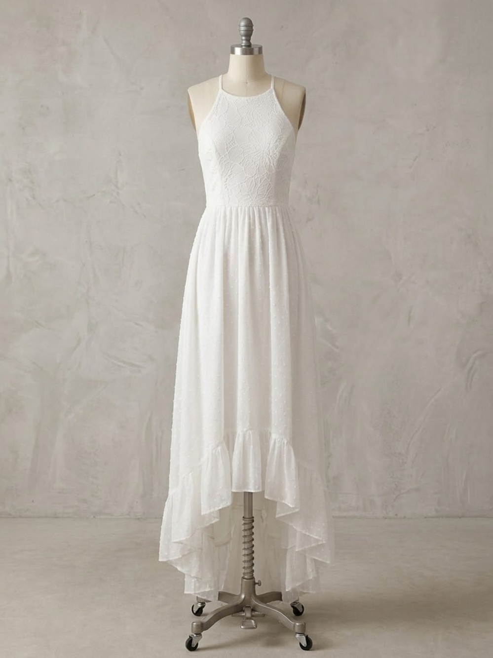 boho wedding elopement halter high low lace Swiss dot maxi dress S